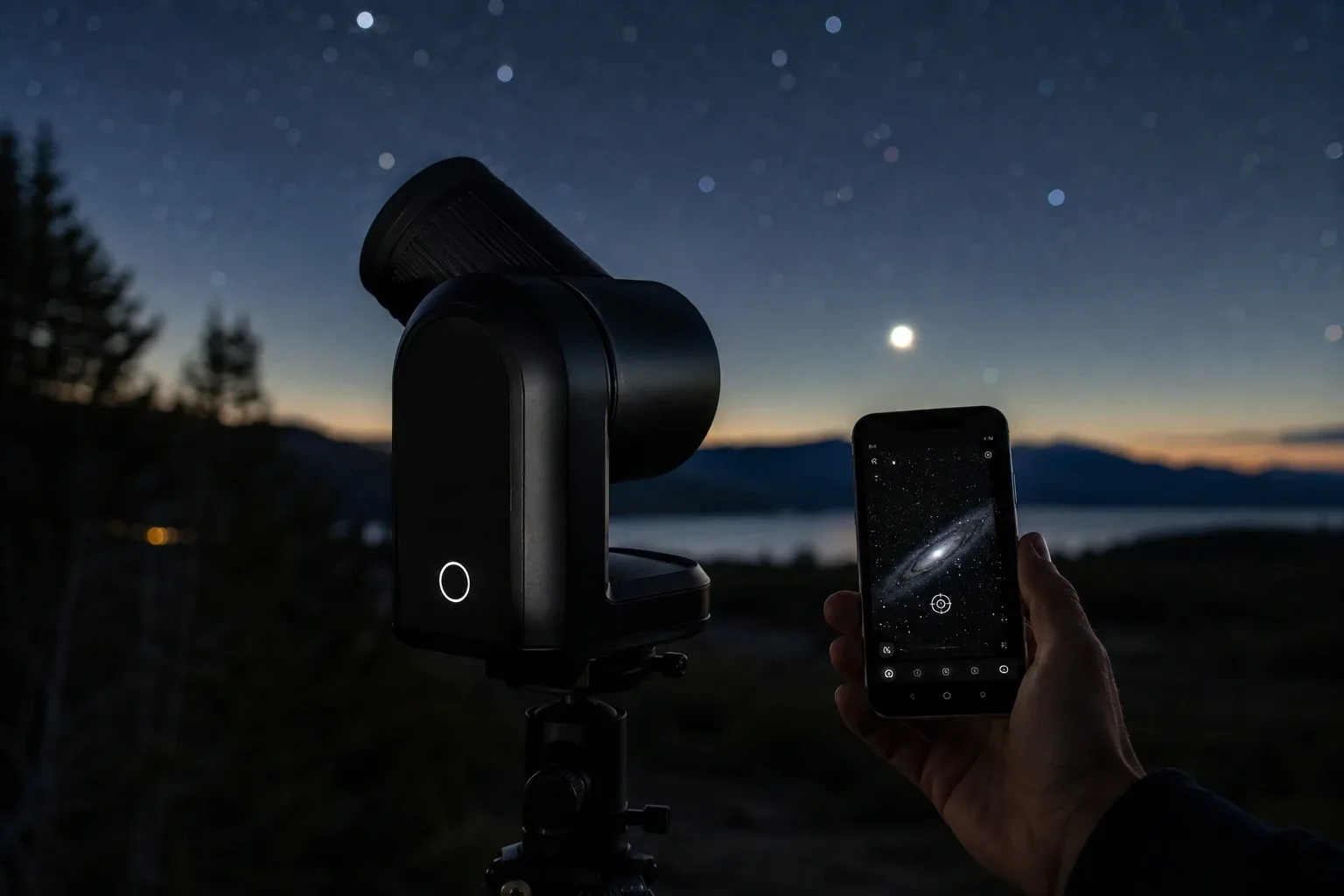 Telescopio inteligente en observación nocturna con app de control en el smartphone