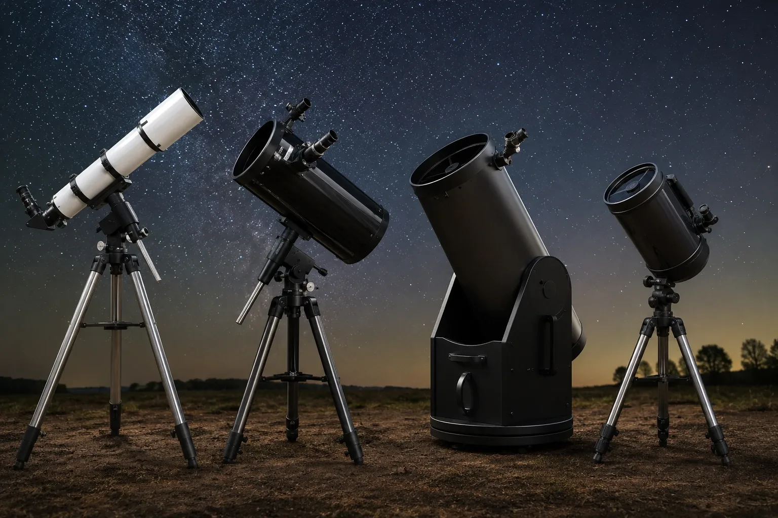 Comparación de tipos de telescopio: refractor, reflector, Dobson y Maksutov