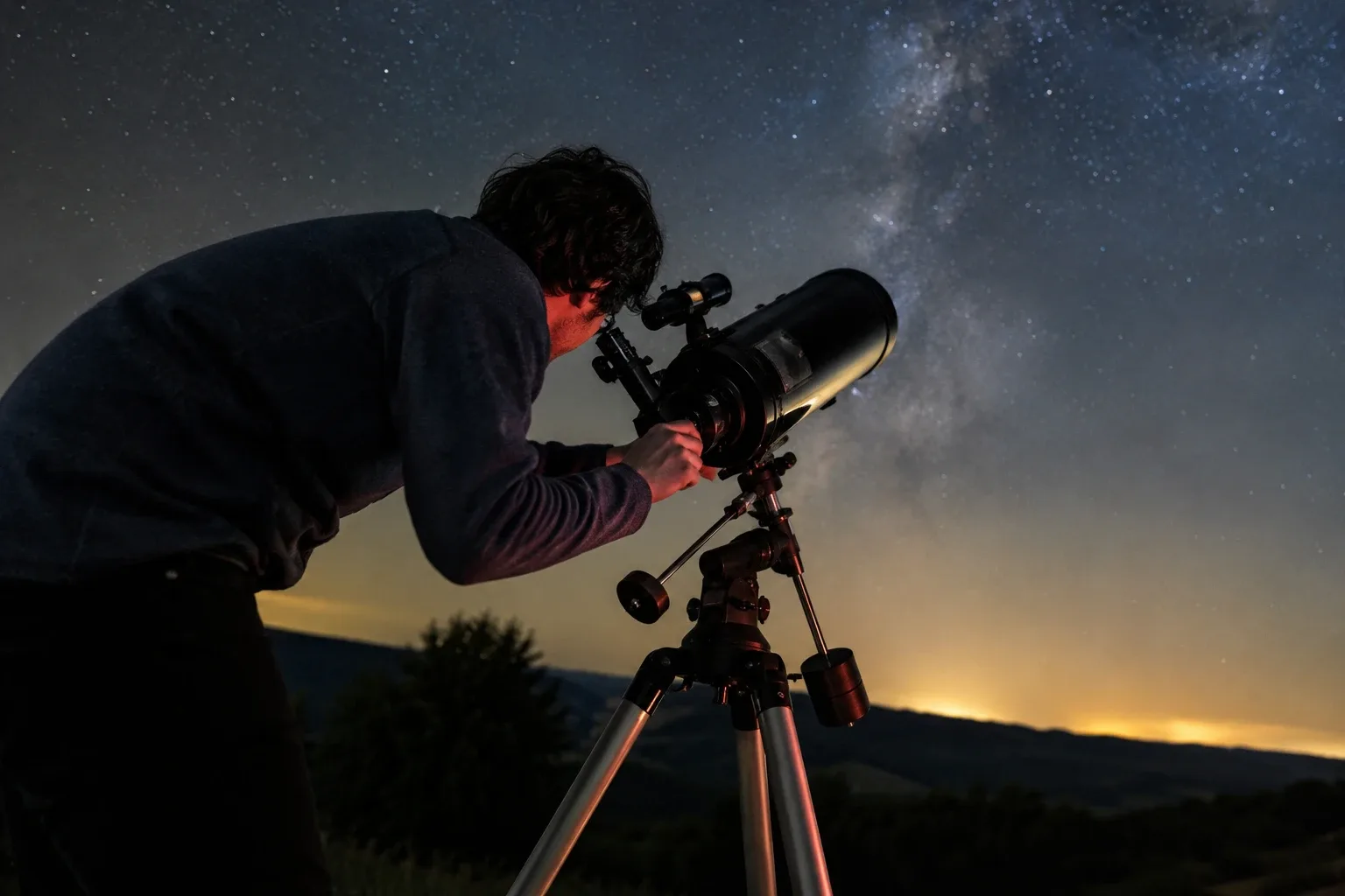 Persona preparando un telescopio para observar de noche